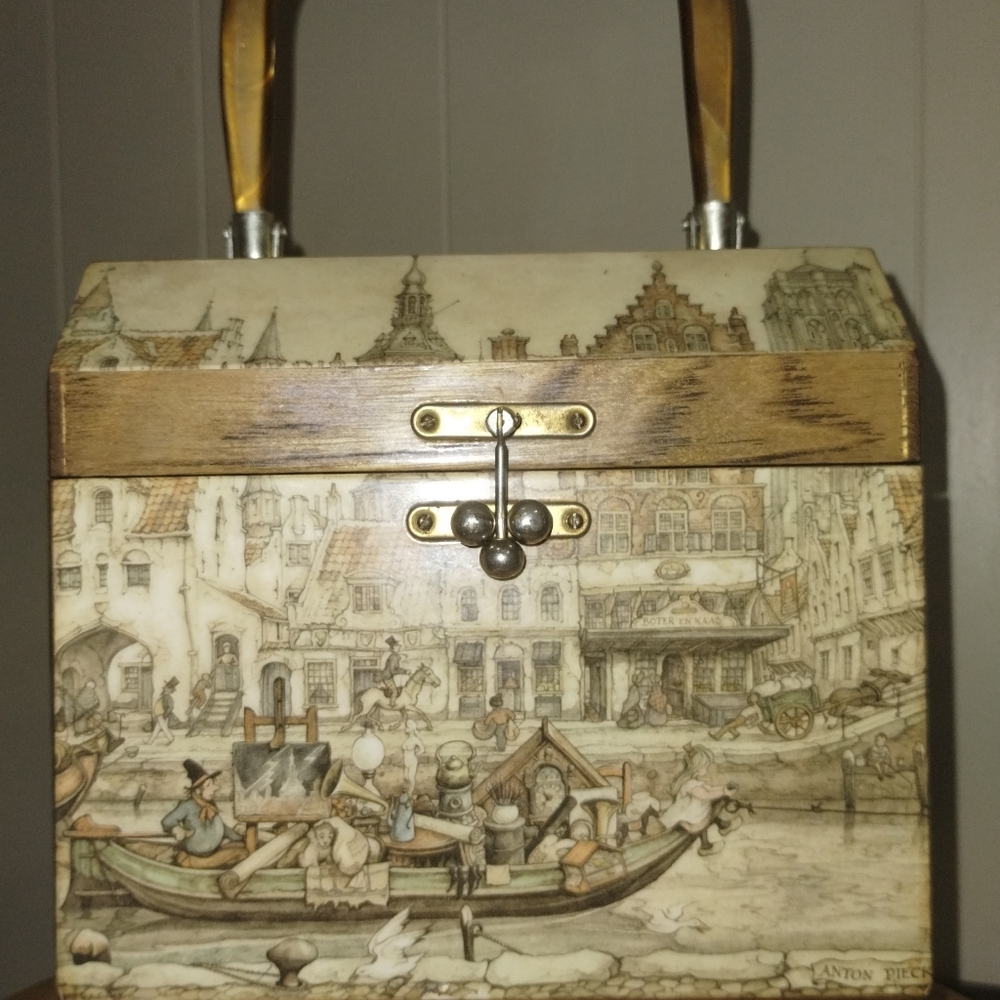 Vintage Anton Pieck Wooden Box Purse Decoupage Art  Lucite Handle